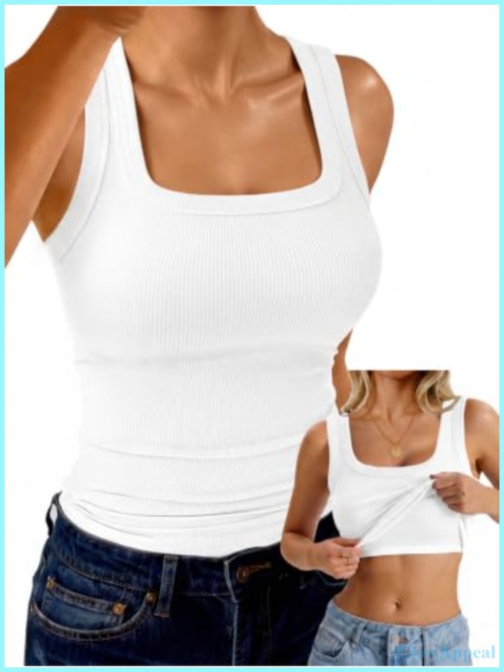 Ribbed Built in Bra Tank Top Square Neck Racerback Sleeveless Women's